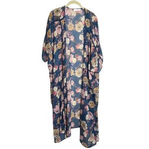 Womens Long Kimono L Blue Sheer Floral Rose Print Boho Duster Cover Lightweight